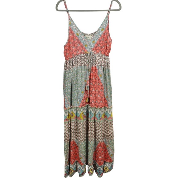 Z&L Dresses & Skirts - Z&L Maxi Dress Women’s Med Boho Paisley Print Tiered V-Neck Coral/Teal